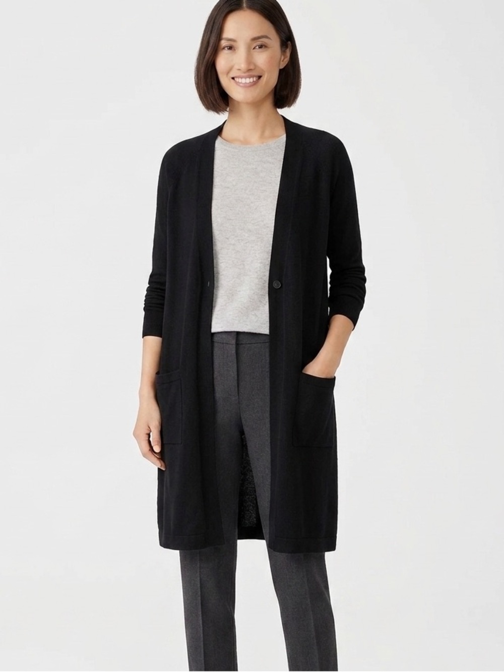 Eileen Fisher Merino Wool Knee Length Cardigan in Black Sz M